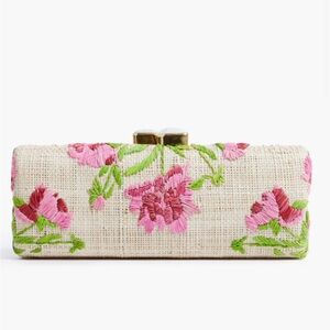 Pamela Munson Hand-Embroidered Straw Minaudiere in Pink Peony.